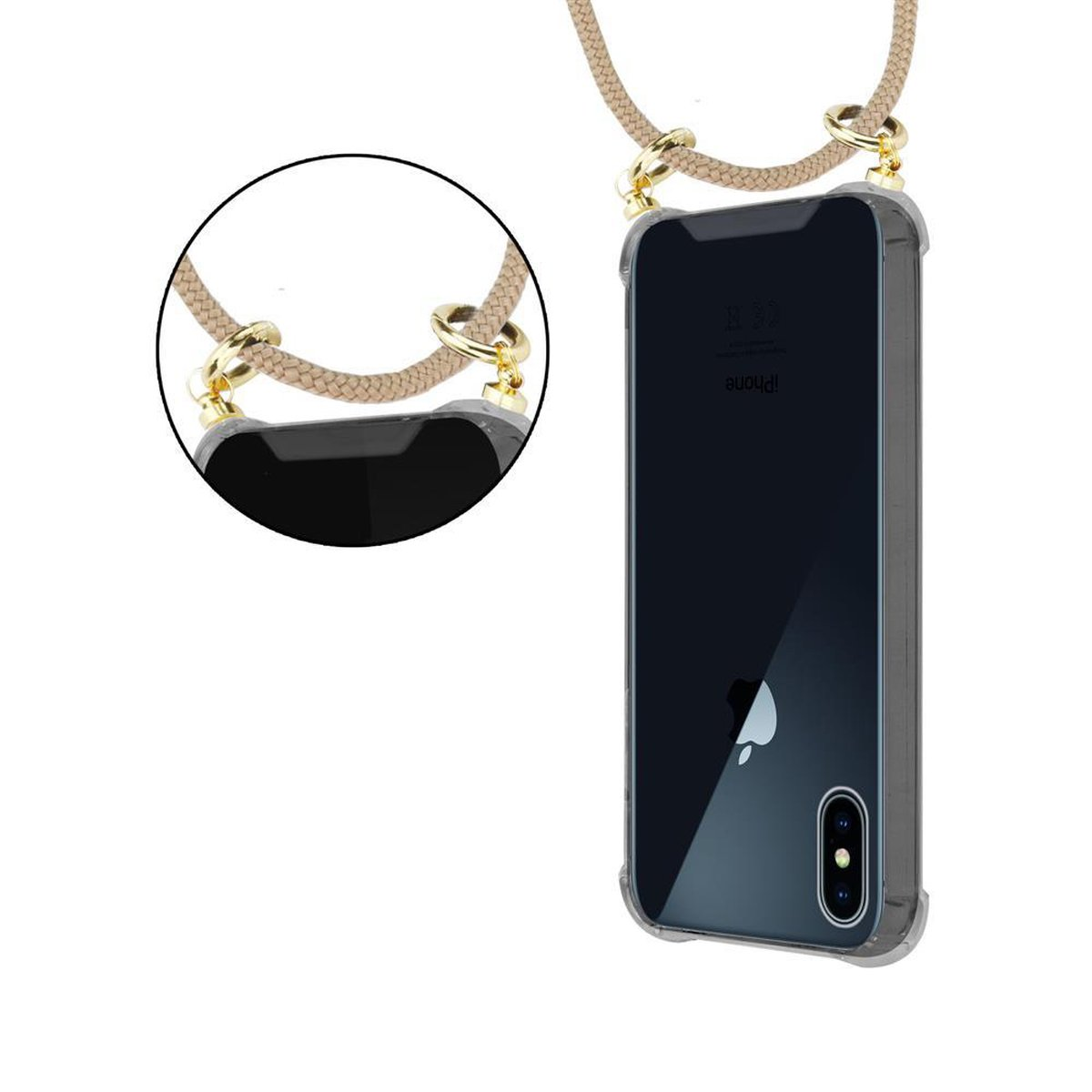 CADORABO Handy Kette XS, iPhone X Ringen, Band / Backcover, GLÄNZEND Apple, und BRAUN Hülle, abnehmbarer Gold Kordel mit