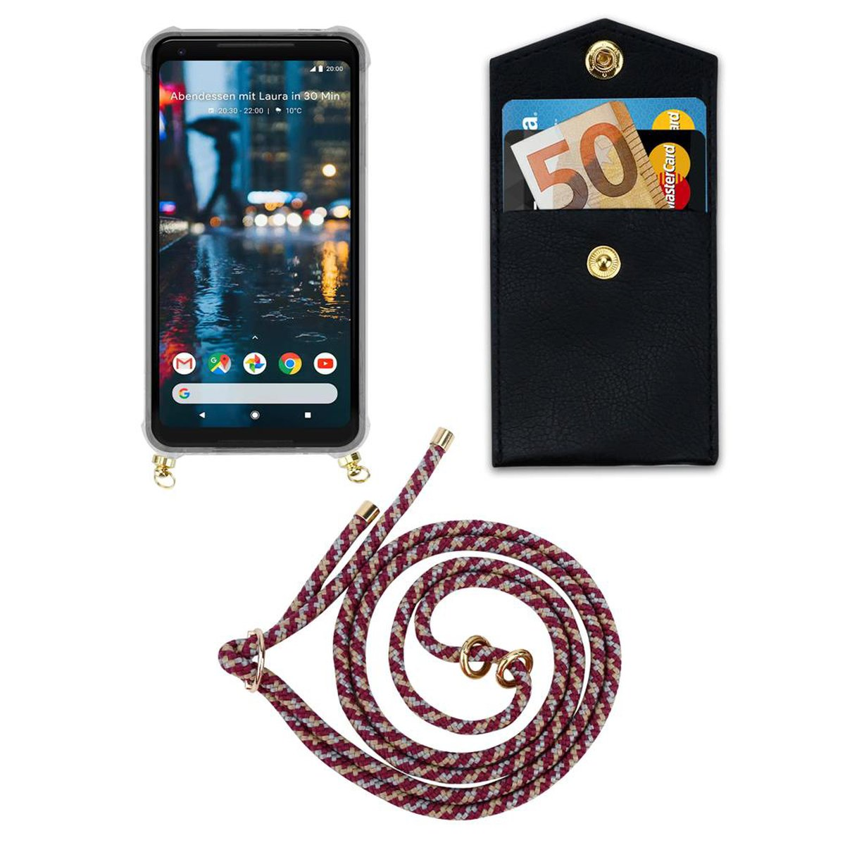 CADORABO Handy Kette mit WEIß Google, Backcover, abnehmbarer Gold Band GELB Ringen, Kordel PIXEL ROT 2, und Hülle