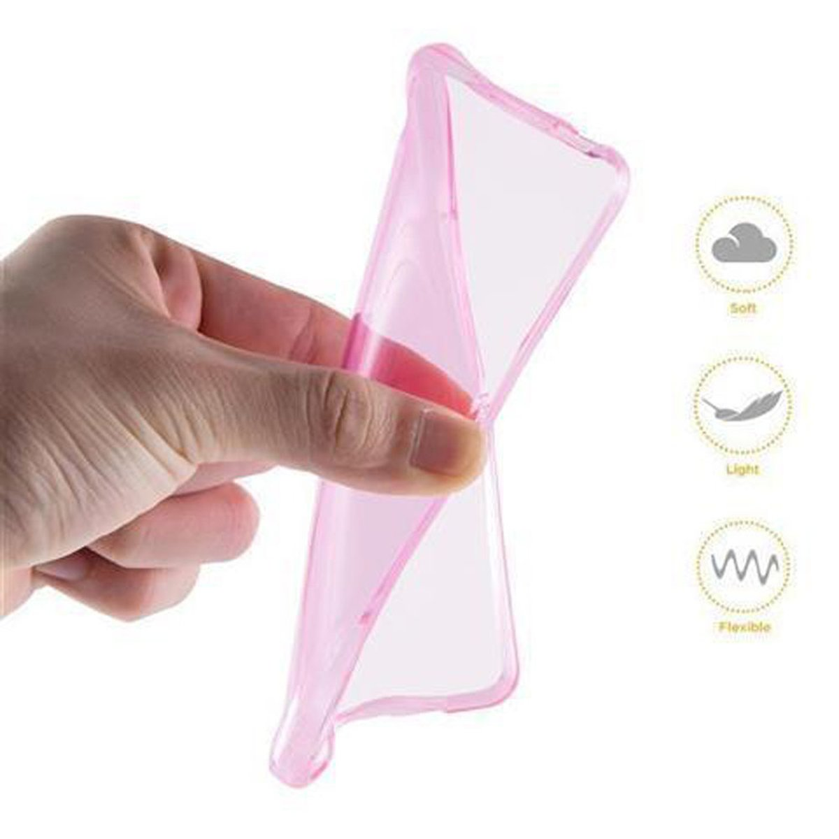 Una mano tiene una custodia rosa per telefono, con testo che indica morbidezza, leggerezza e flessibilità.