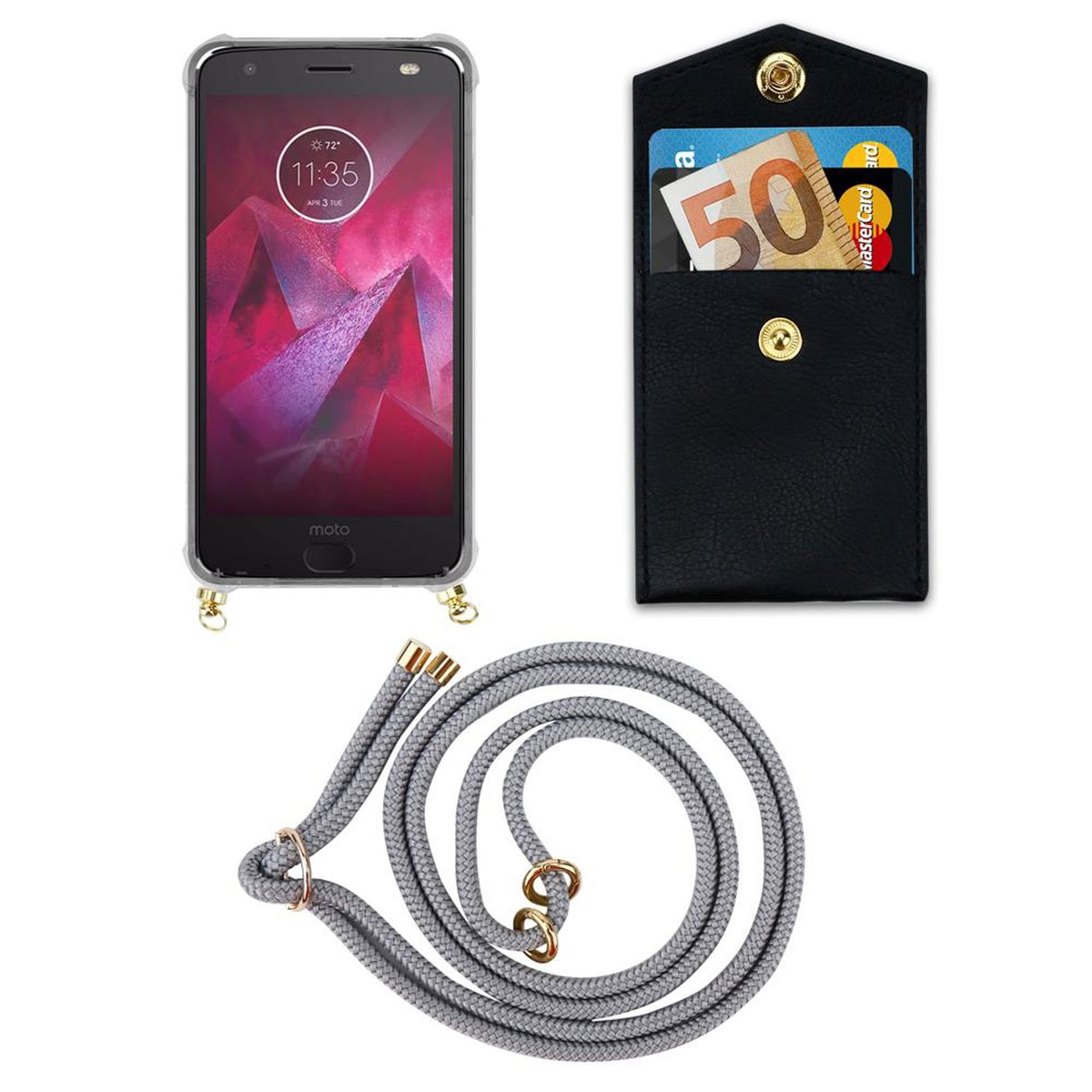 CADORABO Handy Kette Backcover, Ringen, GRAU Kordel Hülle, MOTO Gold Z2, Motorola, Band mit abnehmbarer und SILBER