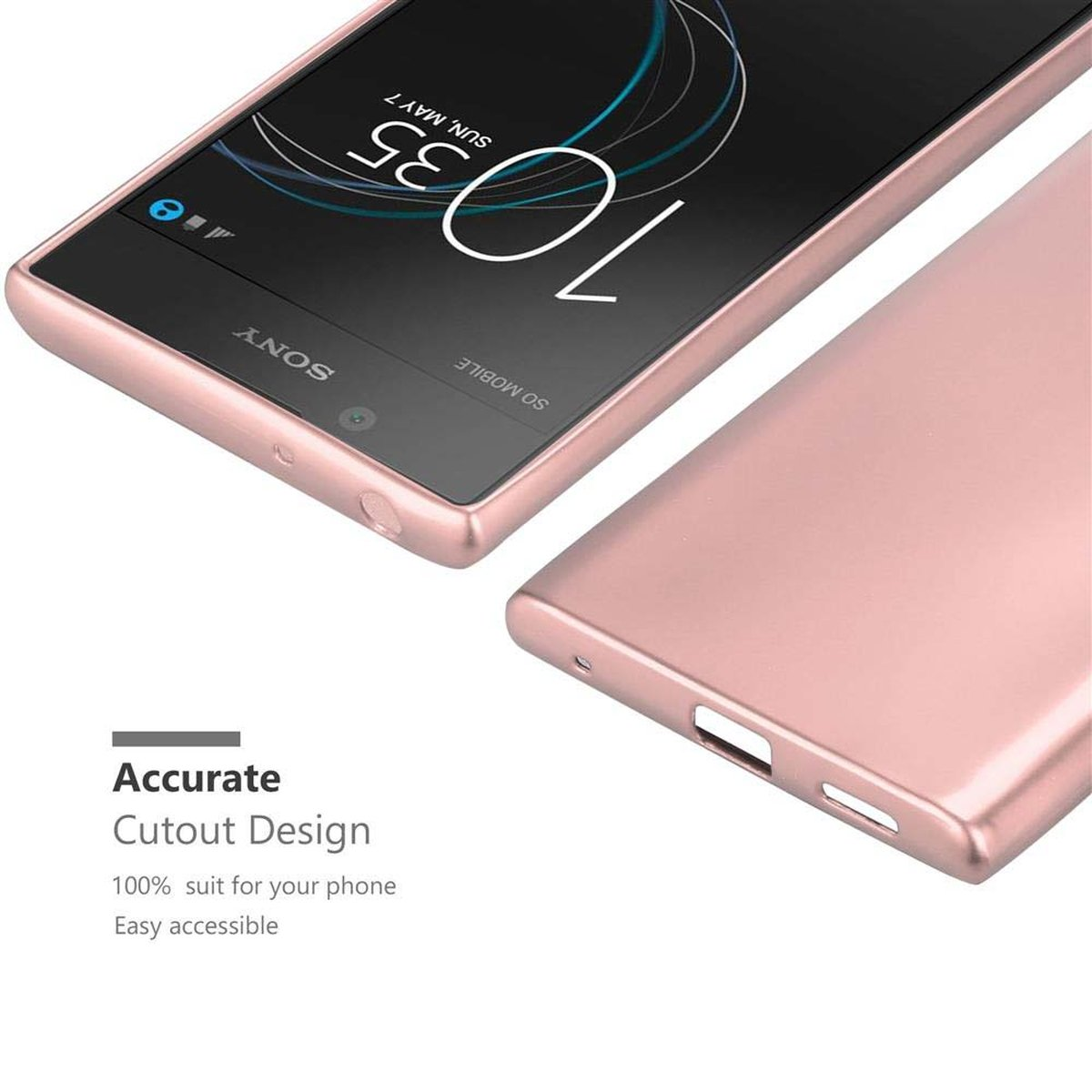 Custodia per telefono oro rosa con un telefono Sony all'interno. Ha ritagli per fotocamera e porte.