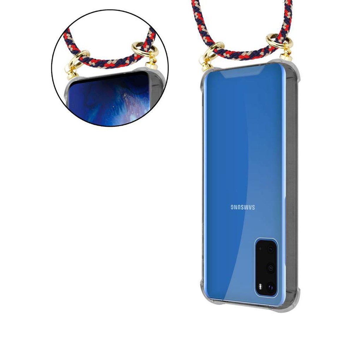 Un telefono in una custodia trasparente con un cordino colorato. Primo piano del punto di attacco del cordino.