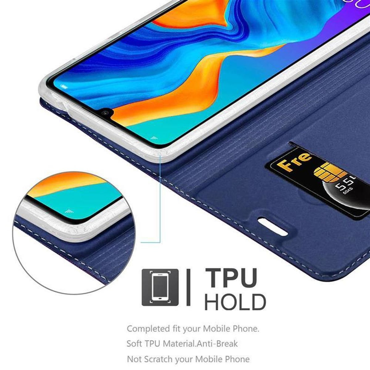 Telefono in una custodia blu, con una carta. Testo TPU HOLD in basso. Sfondo bianco.
