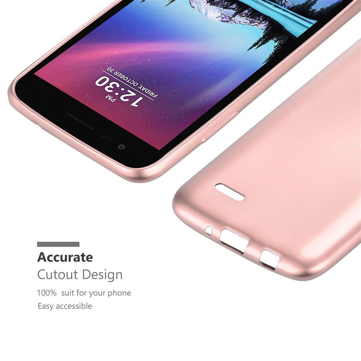 Un teléfono en una funda rosa. La pantalla del teléfono muestra una imagen de la puesta de sol. Texto: Diseño de recorte preciso.
