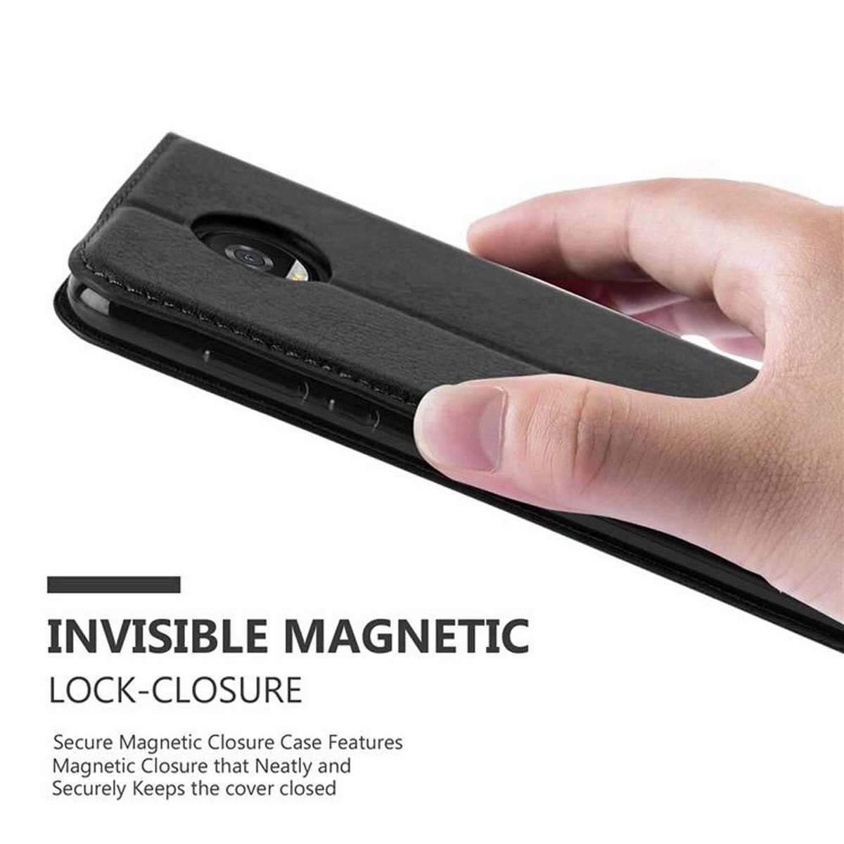 Mano che tiene una custodia nera per telefono, testo: Chiusura a blocco magnetico invisibile. Sfondo nero.