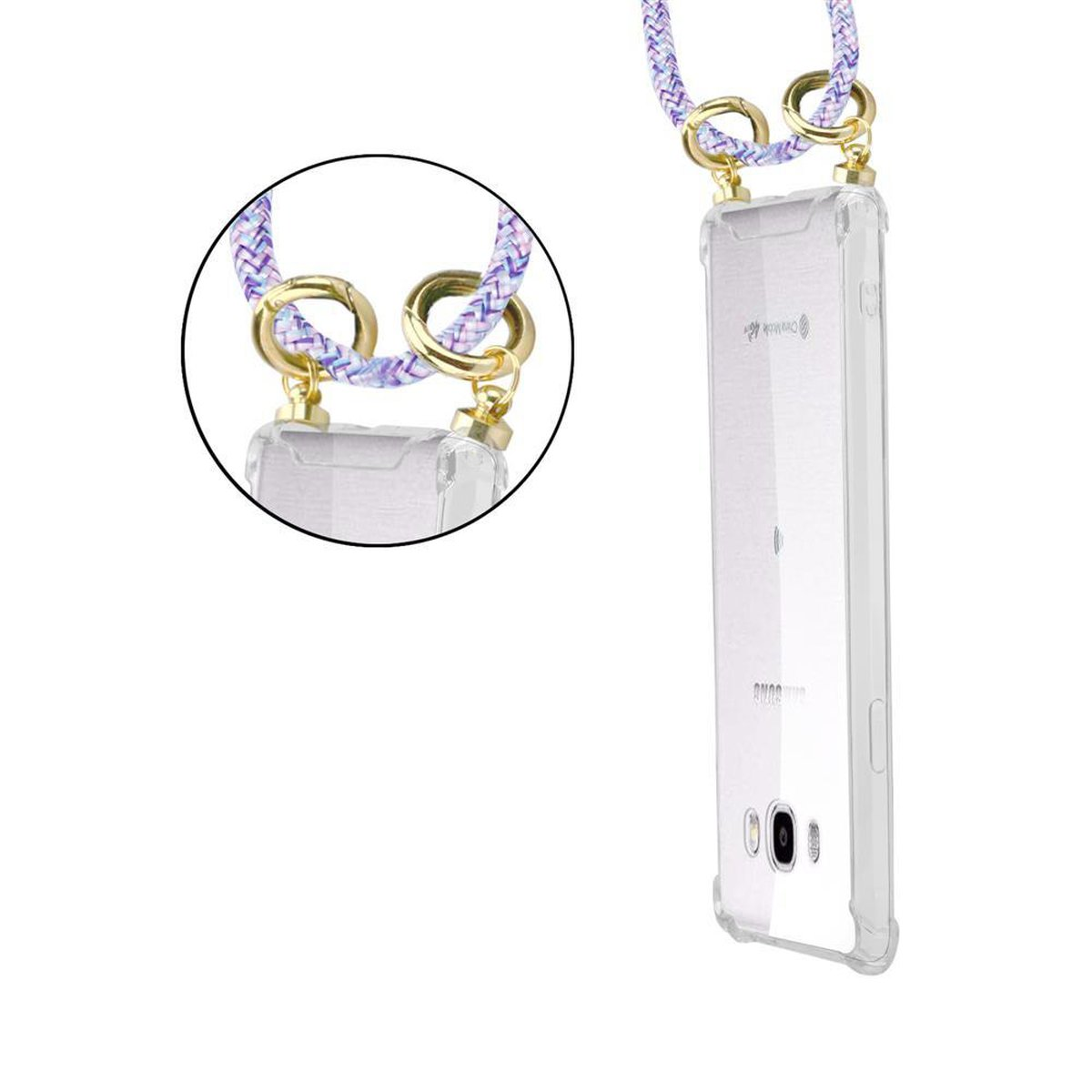 Custodia trasparente per telefono con cinturino viola e bianco. Un primo piano mostra un attacco per custodia bianco e oro.