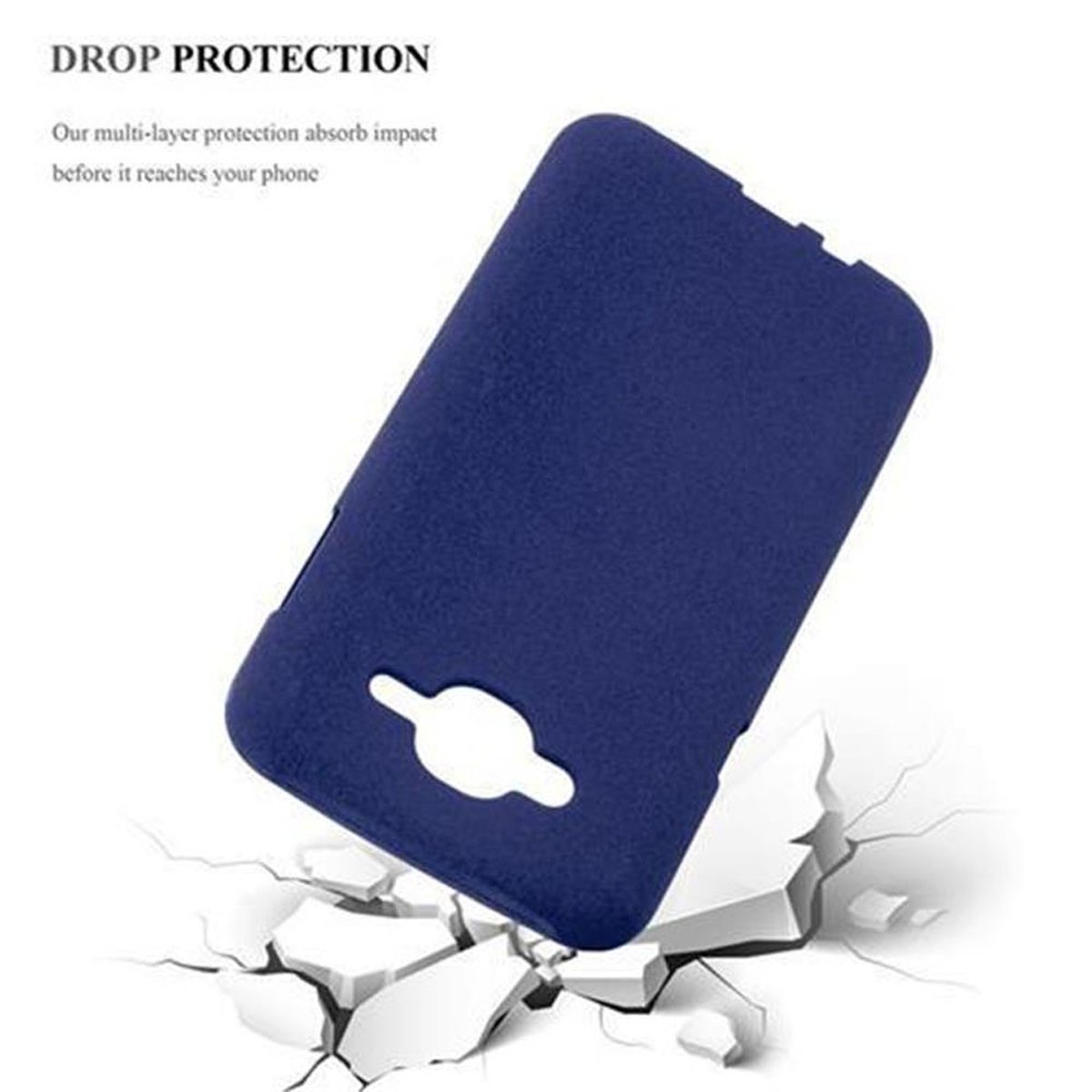 Custodia blu per telefono che cade su una superficie frantumata. Il testo dice Drop Protection. Sfondo bianco.