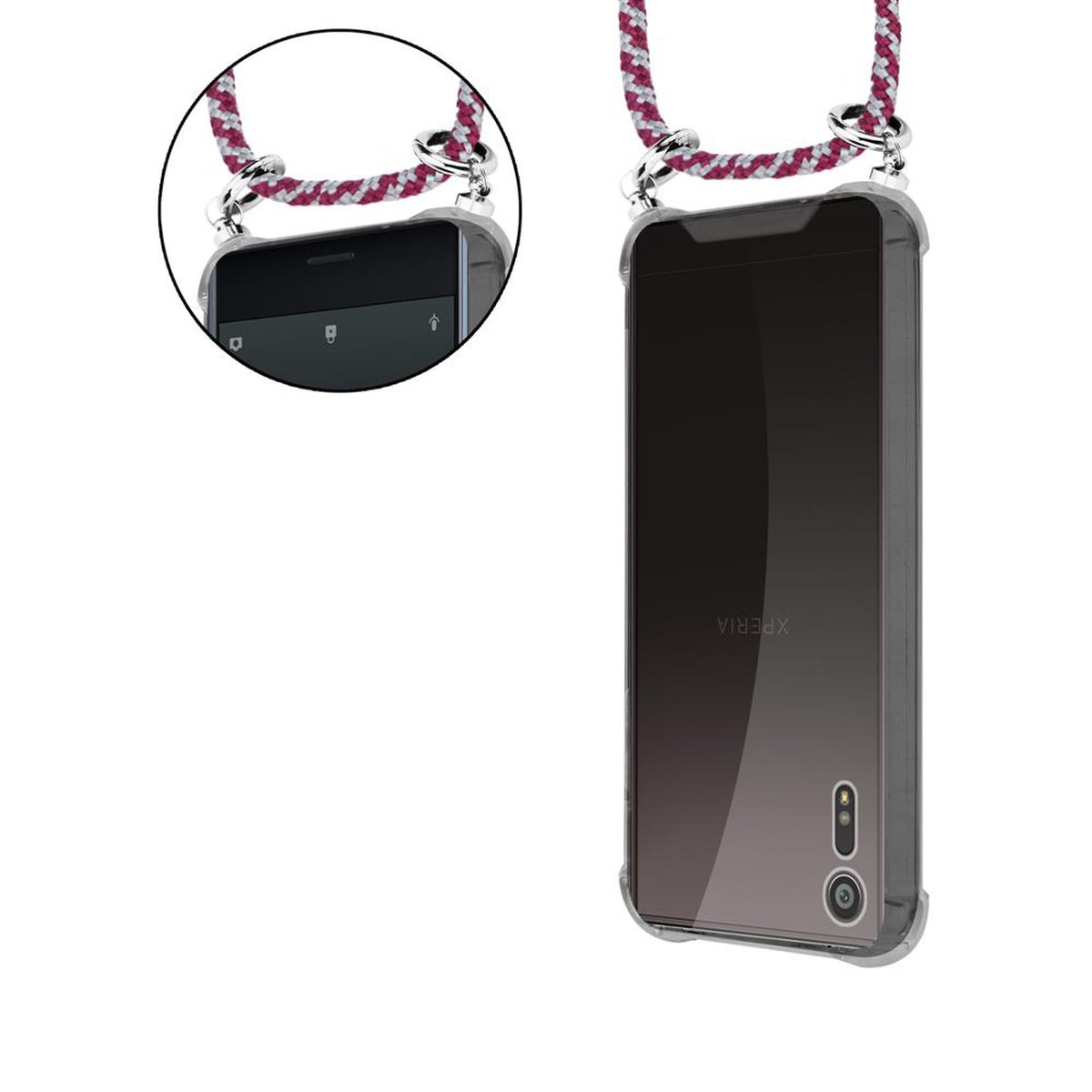 Una custodia per telefono con cinturino. Il telefono è nella custodia. È una custodia trasparente.