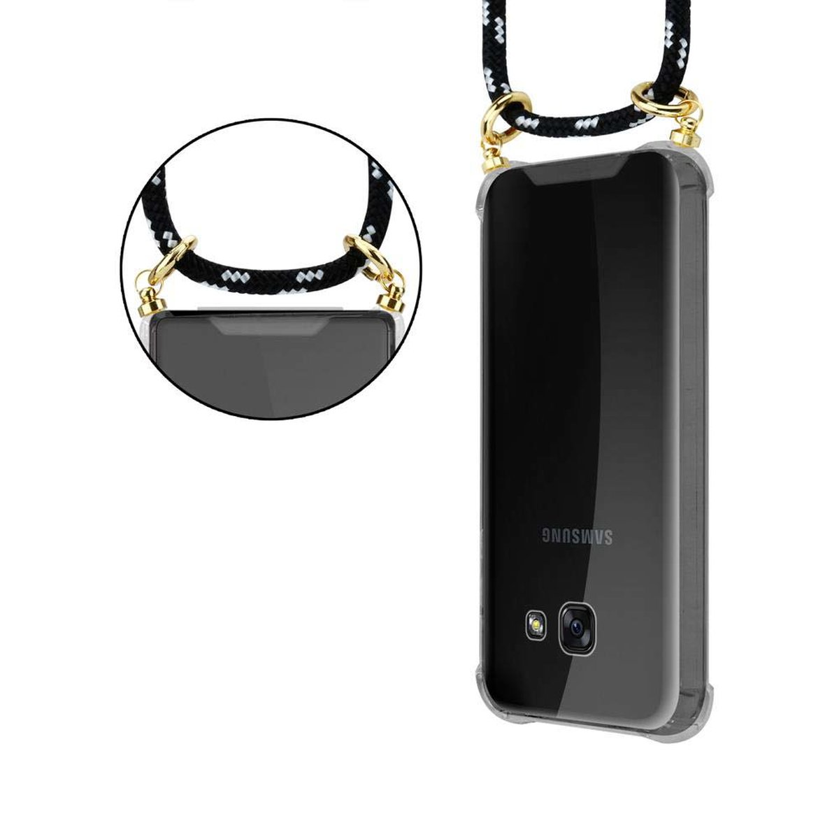 CADORABO Handy Kette Kordel Gold SILBER abnehmbarer Band Backcover, mit Ringen, Samsung, SCHWARZ Hülle, und A3 Galaxy 2017