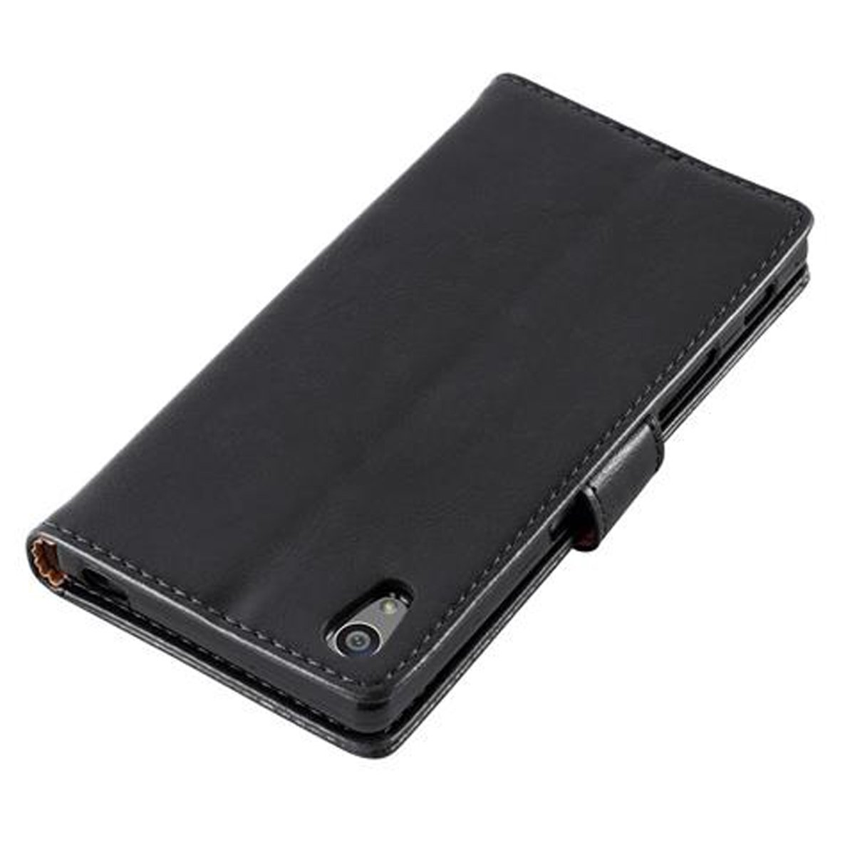 Custodia nera per telefono con fotocamera visibile. Il telefono è dentro.