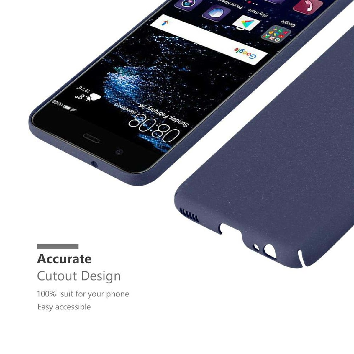 Marineblaues Telefon und Hülle, mit Text: 'Präzises Ausschnittdesign' auf weißem Grund.