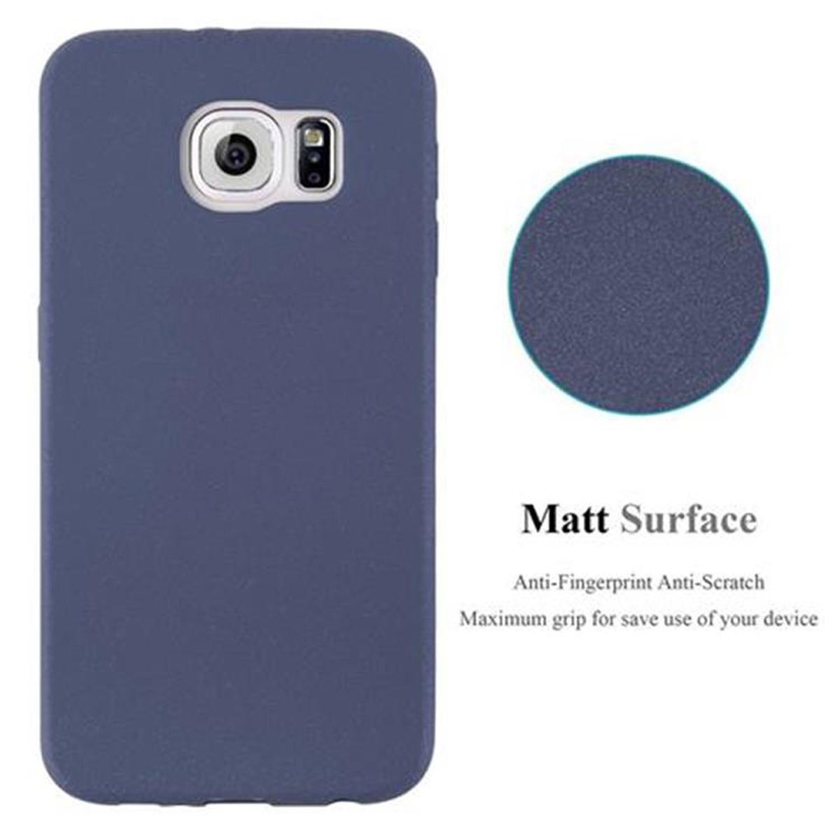 Custodia blu, superficie opaca, con un cerchio. Testo: Matt Surface, Anti-impronte, Antigraffio, presa.