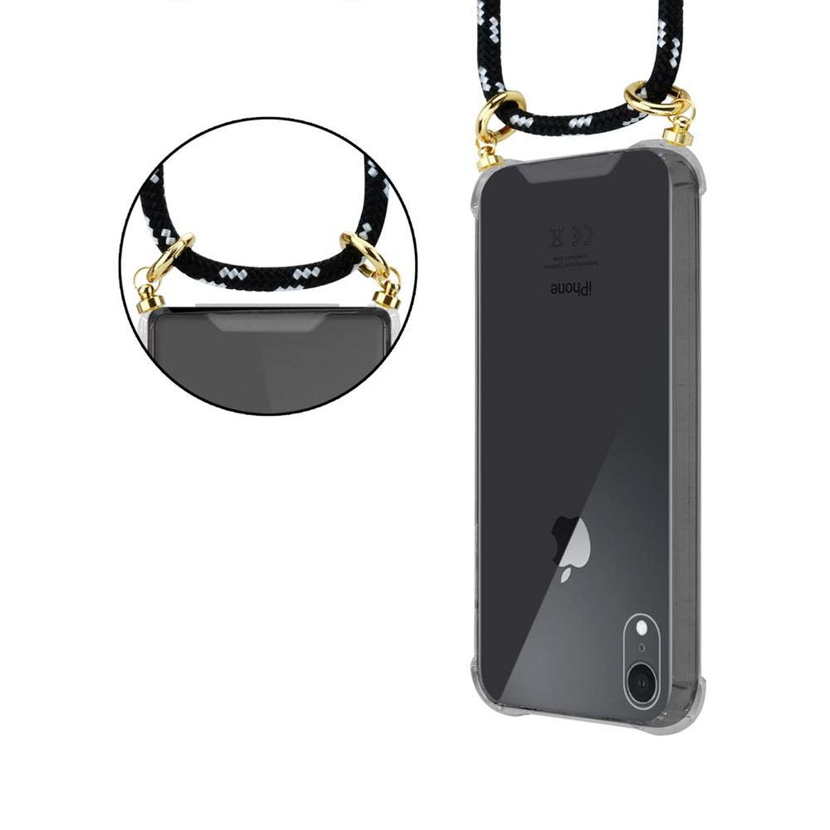 CADORABO Handy Kette mit Gold Backcover, Apple, Band SILBER iPhone abnehmbarer Kordel SCHWARZ und Hülle, XR, Ringen