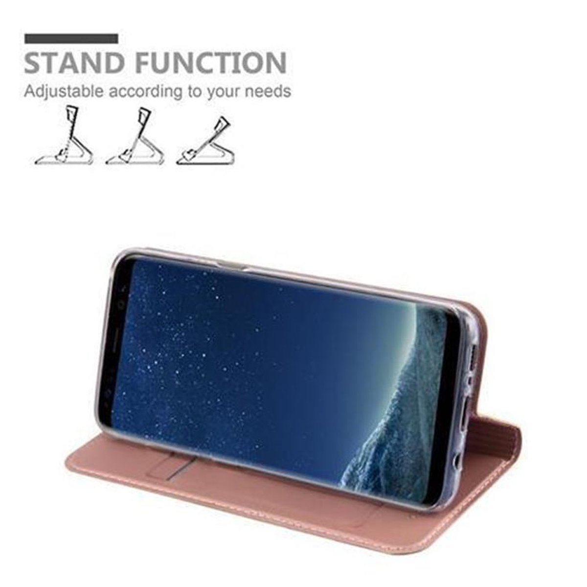 Telefono in una custodia rosa, aperto per mostrare lo schermo. Testo della funzione di supporto.