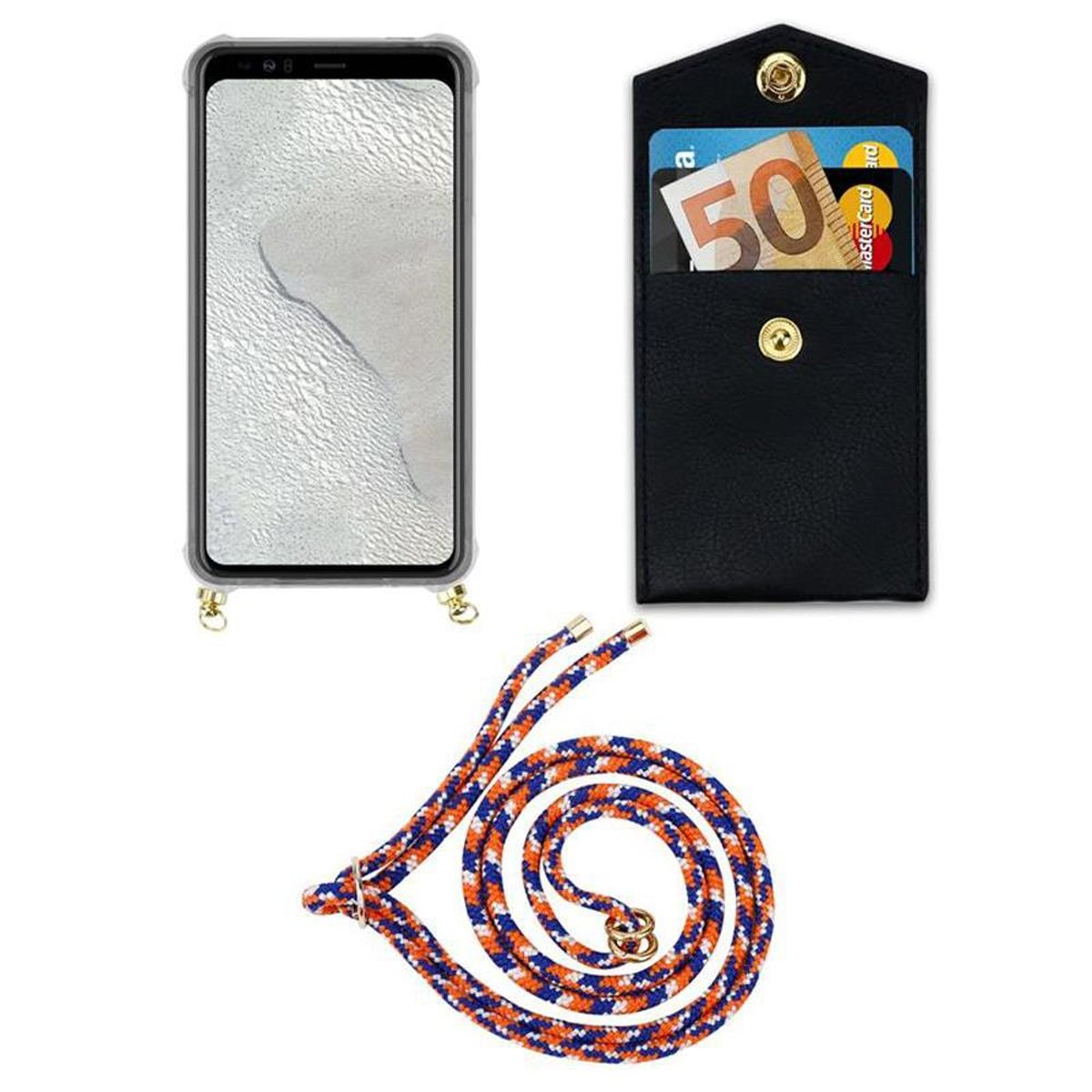 CADORABO Handy Kette mit PIXEL Band abnehmbarer ORANGE Backcover, Kordel WEIß Google, Gold 4 Ringen, BLAU Hülle, XL, und