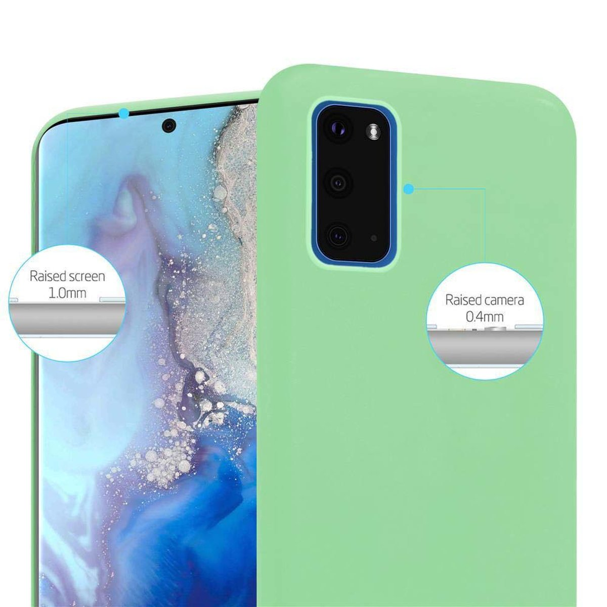 Una custodia per telefono verde con schermo e fotocamera, che enfatizza le caratteristiche rialzate.