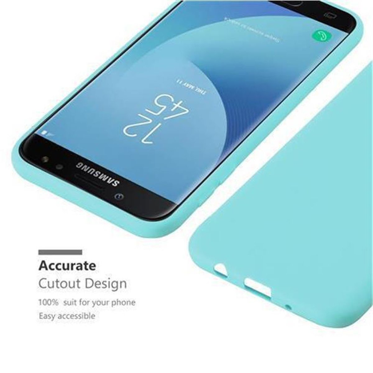 Primer plano de un teléfono y funda azul claro. Texto: Diseño de recorte preciso.