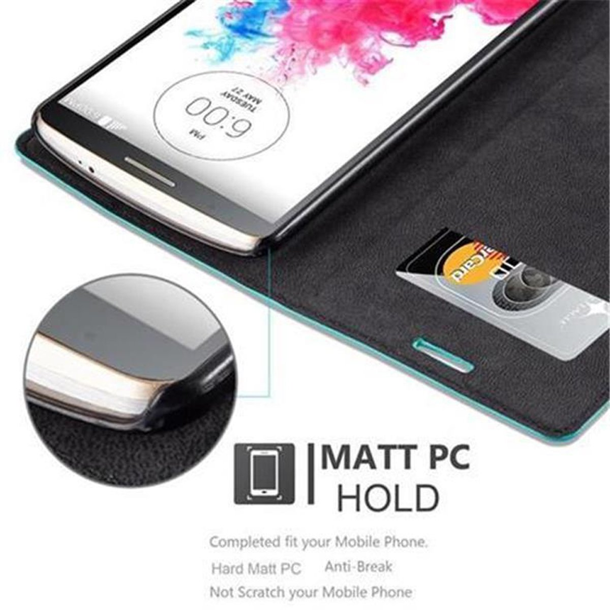 Un teléfono en una funda, con una tarjeta y una pantalla, sobre un fondo blanco. Texto: Matt PC Hold.