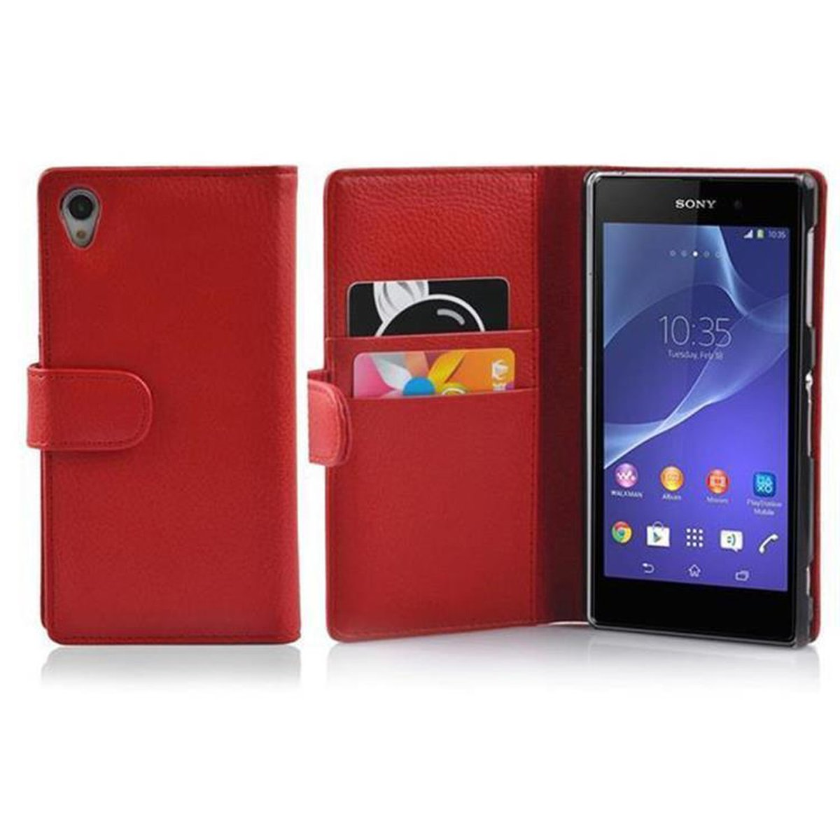 Una funda roja para teléfono con un teléfono dentro. La funda está abierta, revelando tarjetas y una pantalla de teléfono.