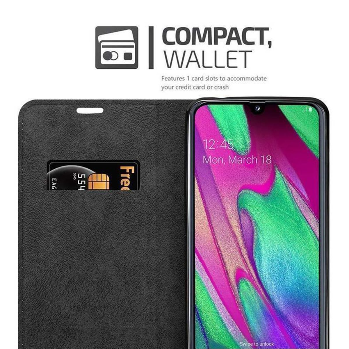 Telefono in custodia, portafoglio con carta. Testo: Compact, Wallet. Il telefono mostra l'ora e la data.