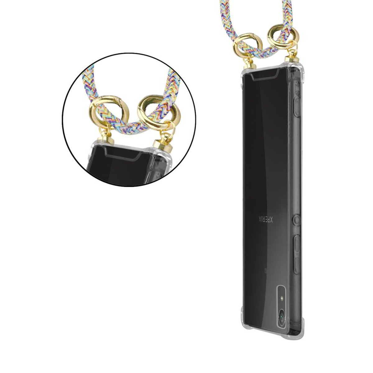 Telefon in einer transparenten Hülle mit Umhängeband. Goldakzente auf dem Umhängeband und der Hülle.