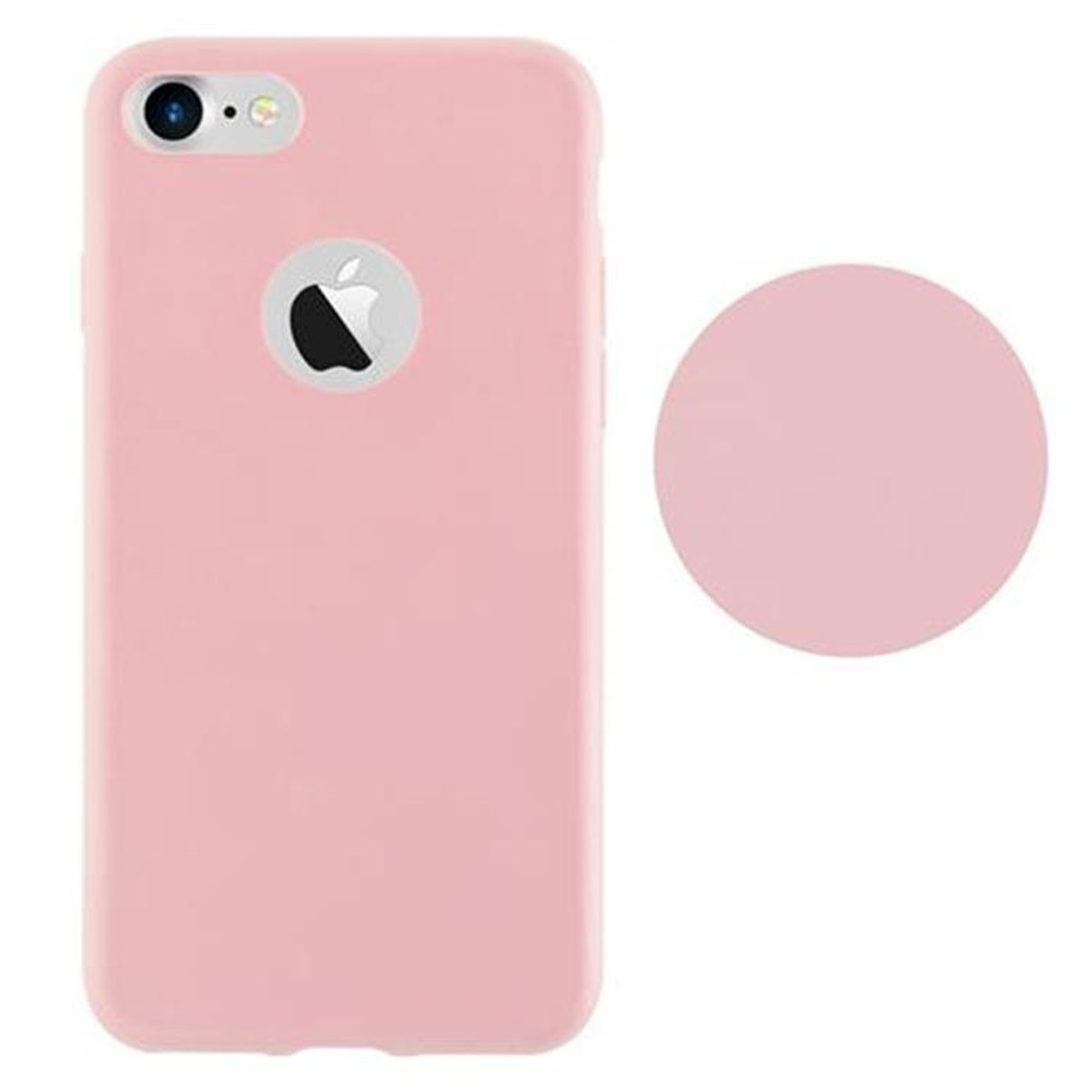 Rosa Handyhülle mit Apple-Logo. Ein passender rosa PopSocket befindet sich neben der Hülle.