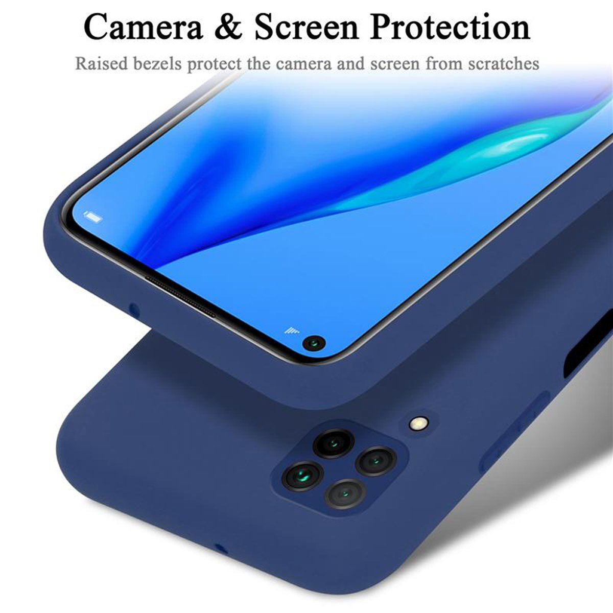 Custodia blu per telefono con telefono. Testo 'Camera & Screen Protection', su sfondo bianco.