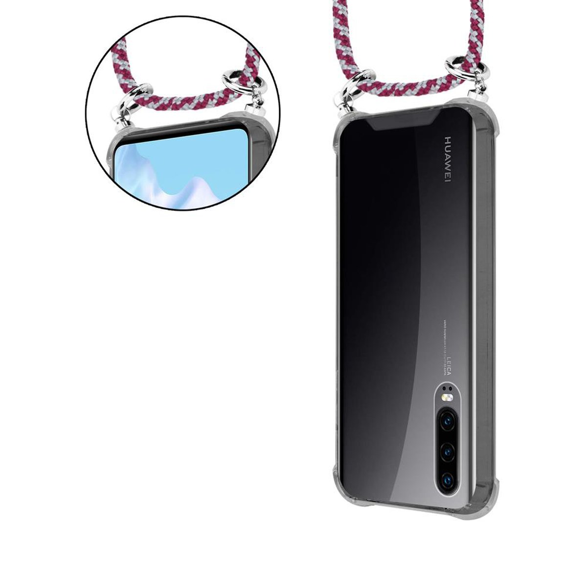 Telefono con custodia trasparente e cordino. Cordino rosso e bianco. Marchio Huawei.