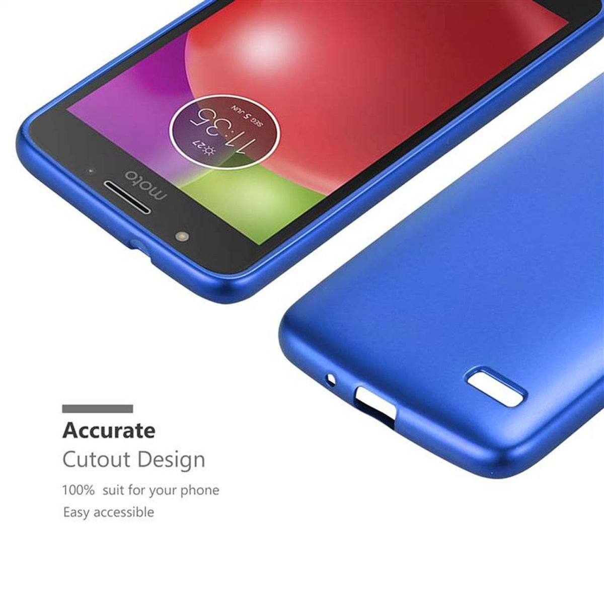 Una custodia per telefono blu con un telefono all'interno, che mostra lo schermo del telefono.