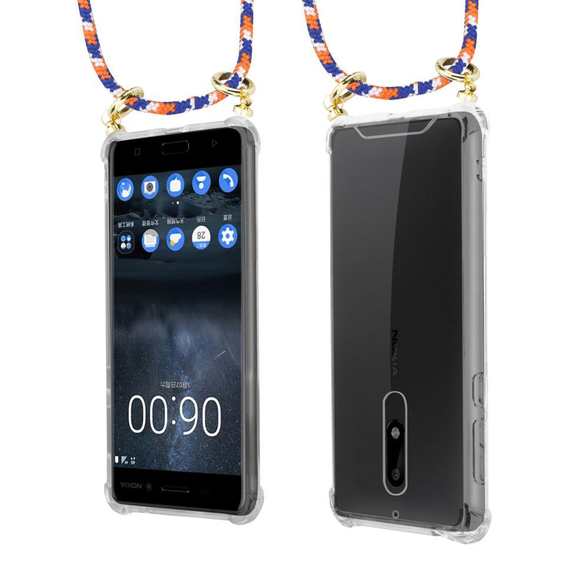 CADORABO Handy Kette mit 5 Kordel 2017, ORANGE Hülle, Ringen, und WEIß Nokia, Backcover, abnehmbarer BLAU Band Gold