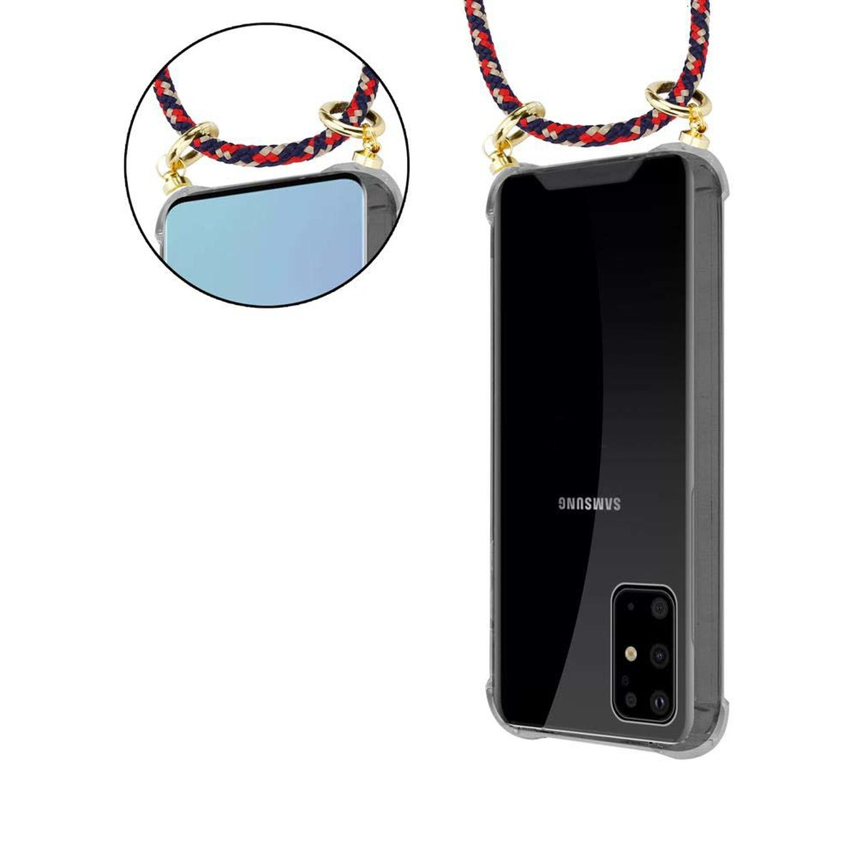 Telefono in custodia trasparente con cordino, corda rossa, blu e bianca, sfondo bianco.
