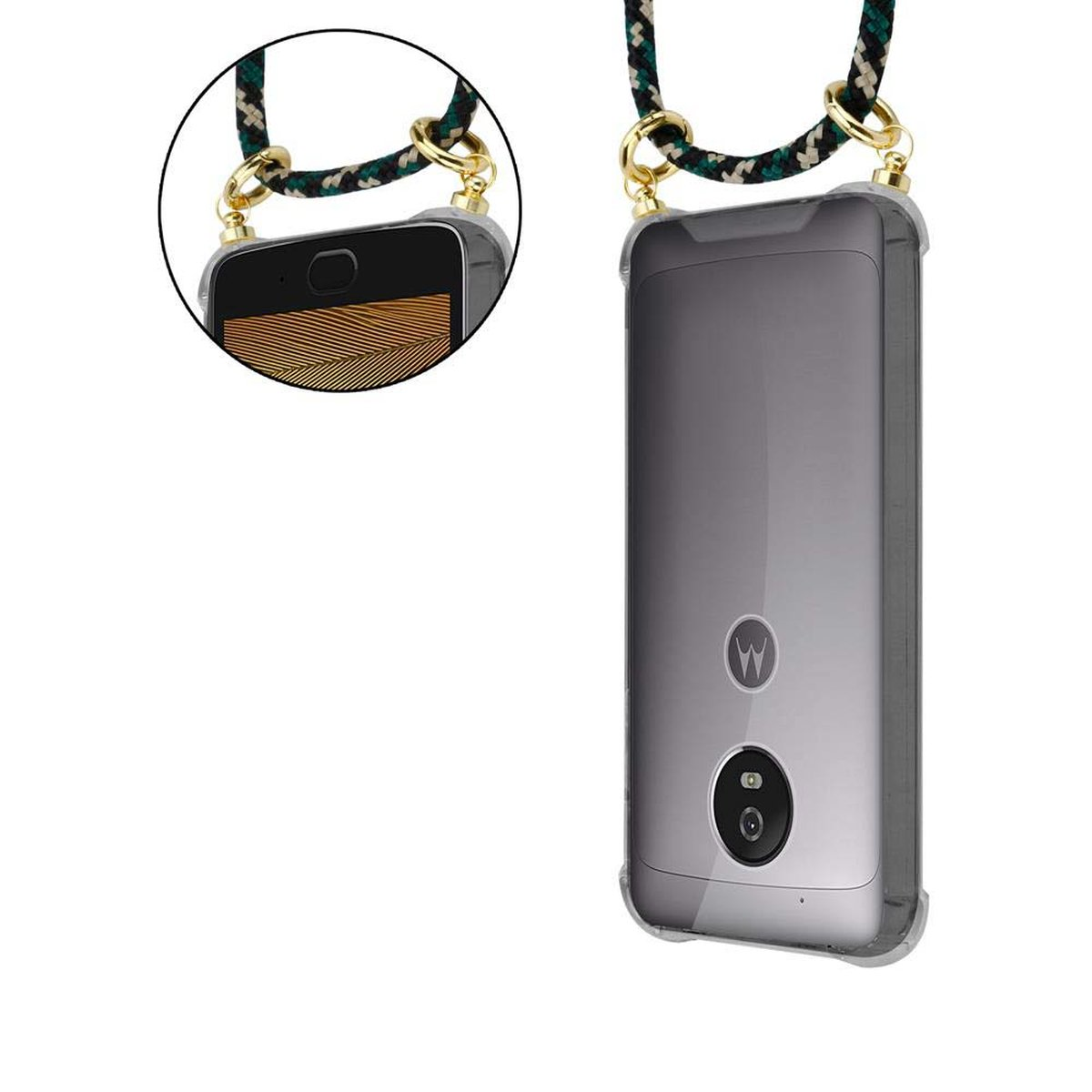 Motorola, Gold mit Backcover, und Ringen, Hülle, CAMOUFLAGE Handy Band G5, Kordel MOTO CADORABO Kette abnehmbarer
