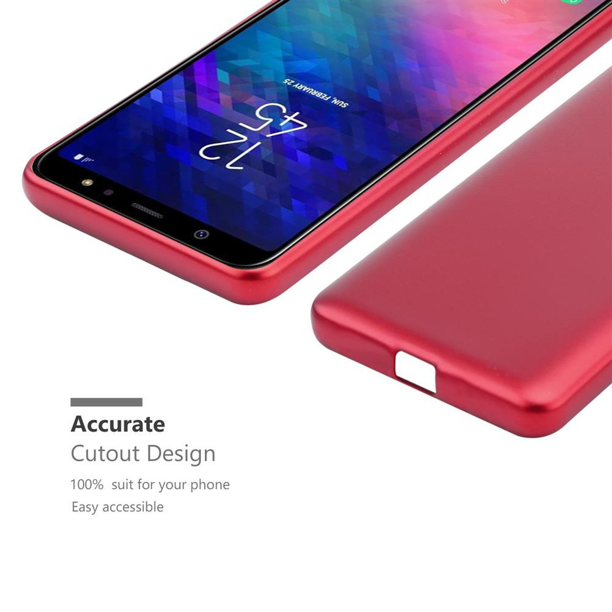 Rote Handyhülle. Die Hülle zeigt das Telefon und hat den Text 'Accurate Cutout Design' darauf.