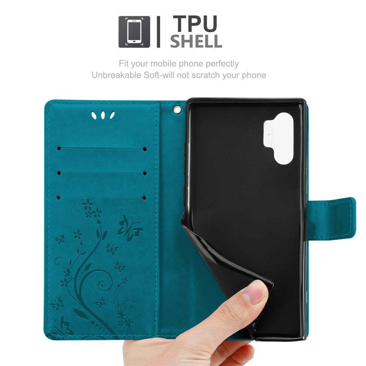 Custodia per telefono turchese, aperta, che rivela un telefono nero. Mano che tiene il telefono.