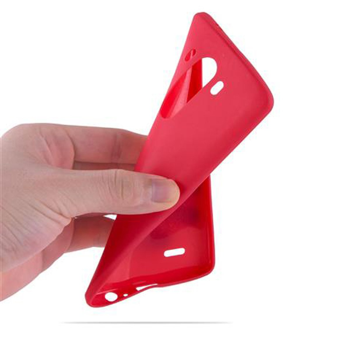 Rote Handyhülle wird von einer Hand gehalten, die Hülle ist gebogen.