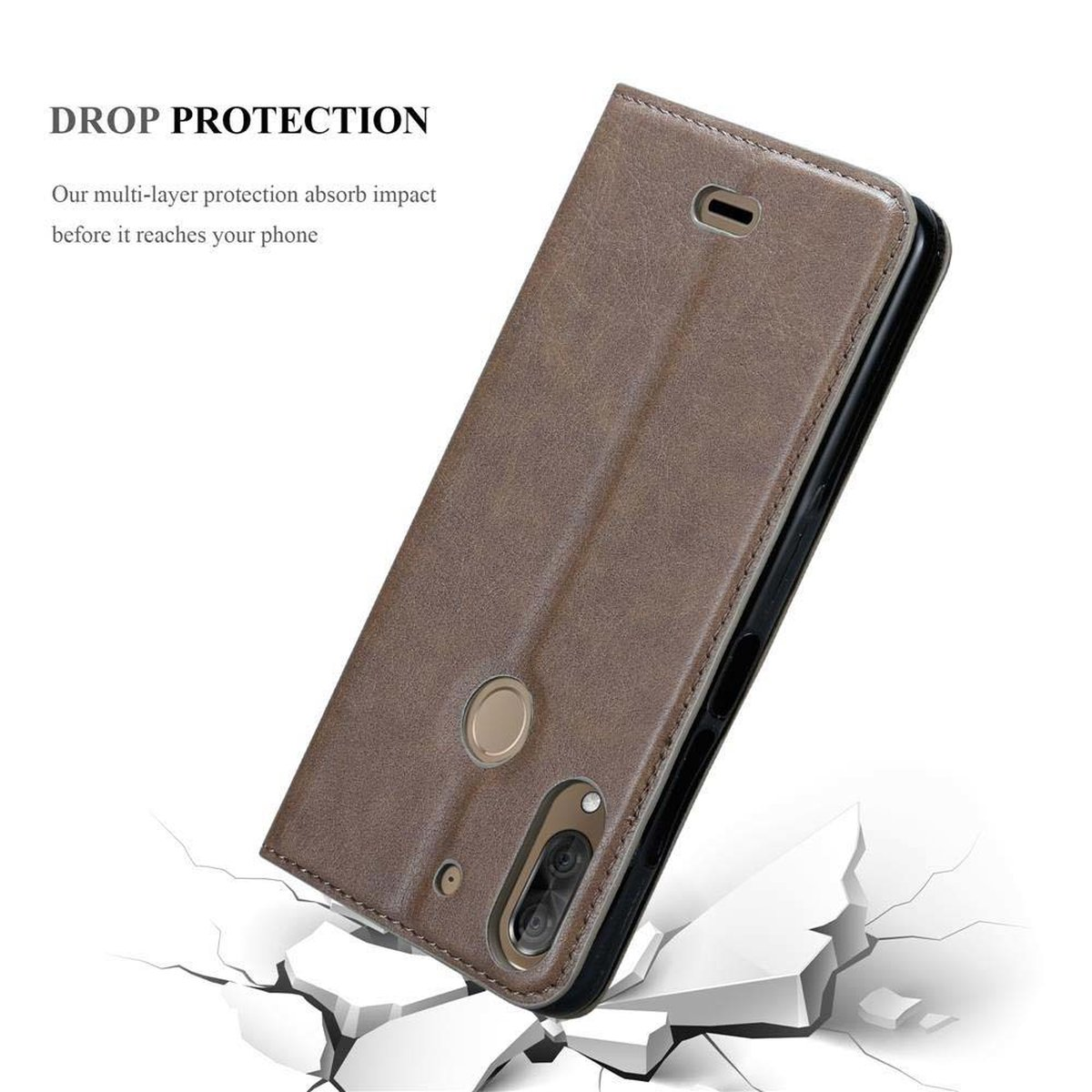 Braune Handyhülle mit Telefon. Text: 'DROP PROTECTION'.