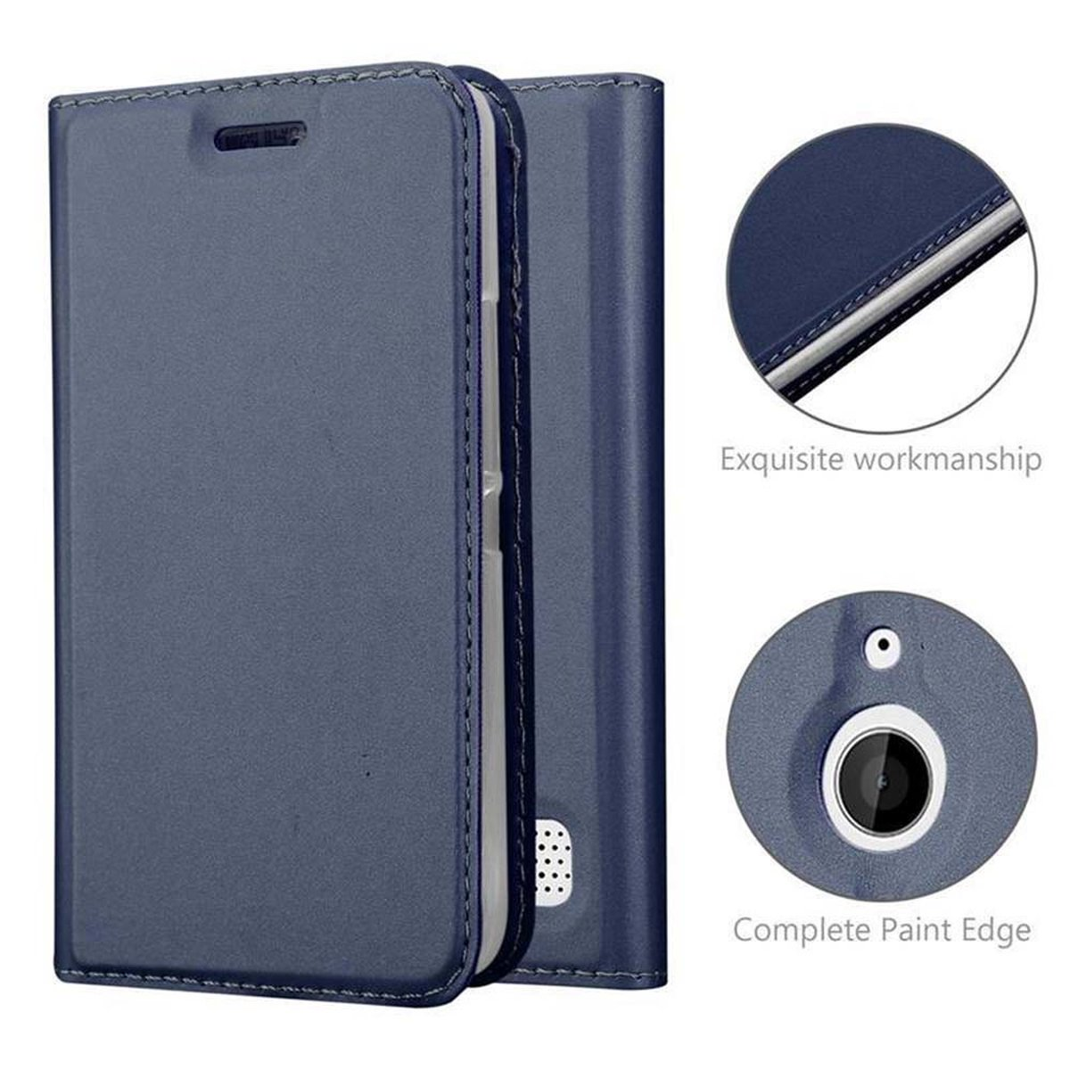 Funda azul para teléfono abierta, con detalles de diseño y recorte de cámara.