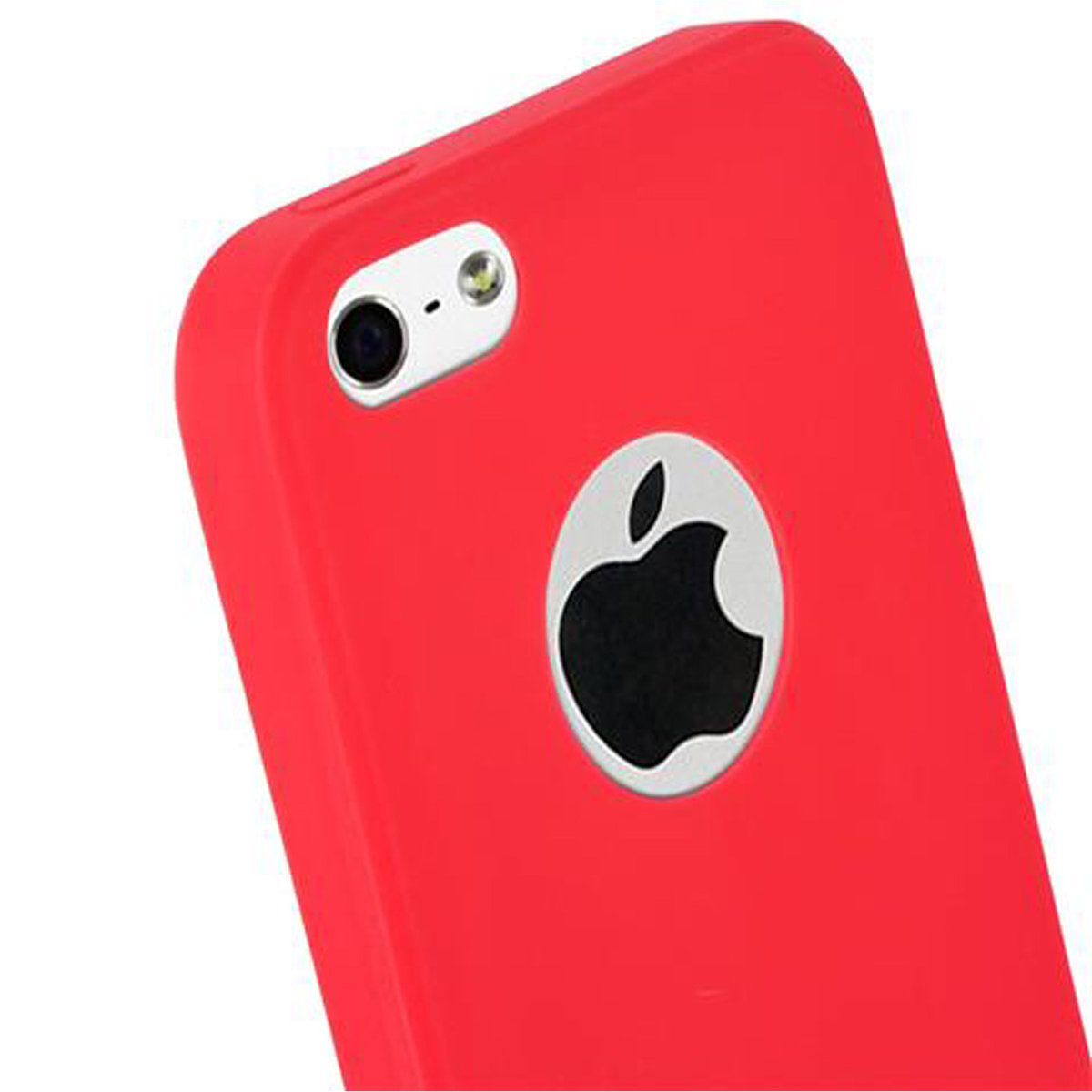 Funda de teléfono roja con logo Apple, vista en ángulo, mostrando la parte trasera.