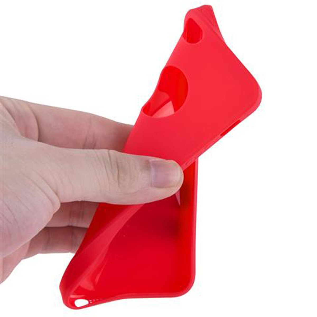 Funda de teléfono roja que se sostiene. La funda es flexible.
