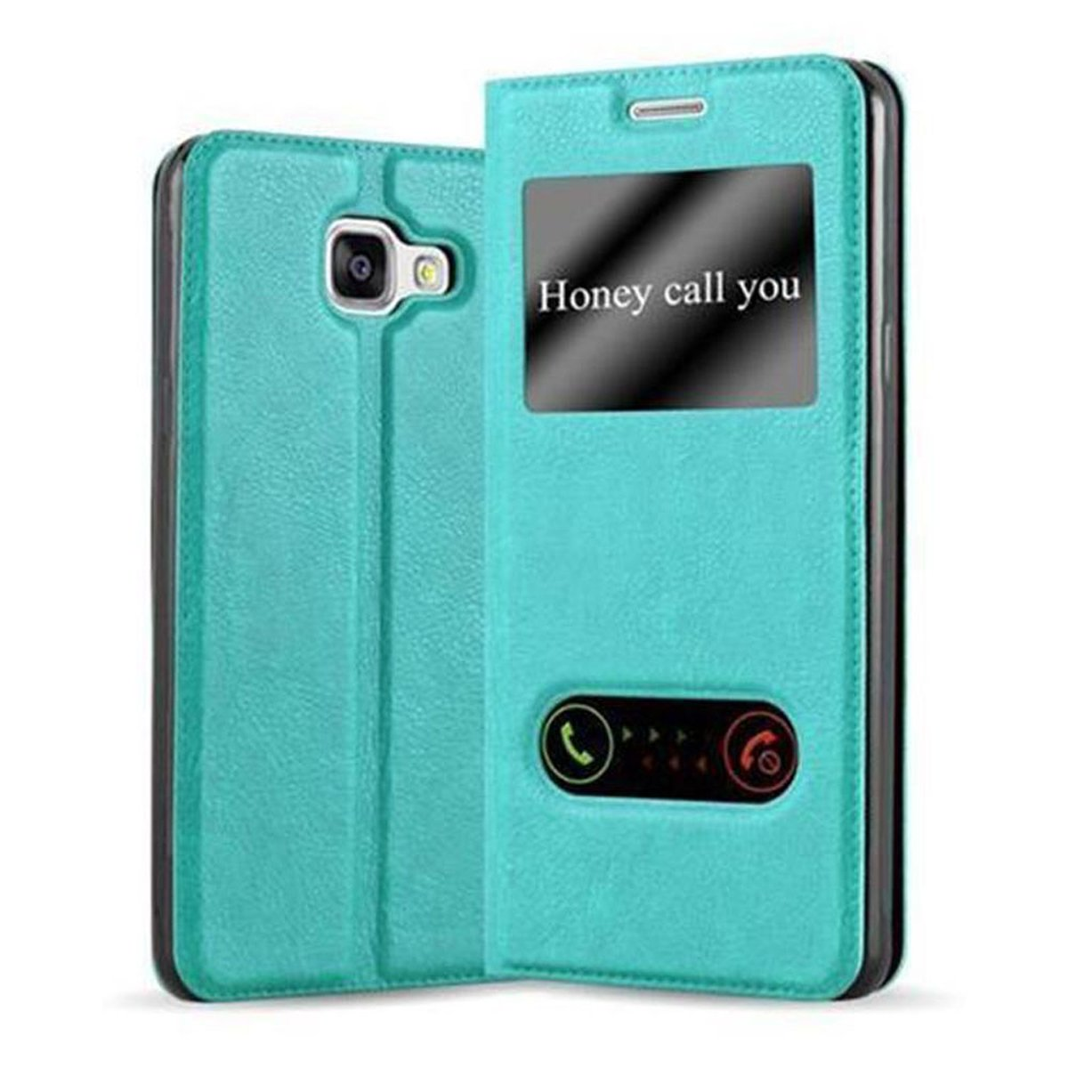 Funda de teléfono verde azulado con teléfono. Texto en la funda y un botón de llamada en la pantalla.