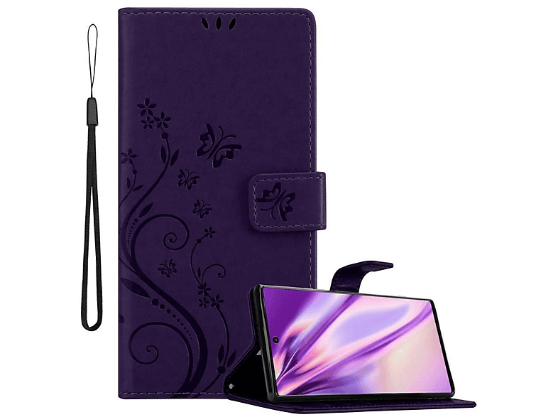 CADORABO Hülle Blumen 10, NOTE Bookcover, Case, FLORAL Samsung, LILA Muster Galaxy Flower DUNKEL