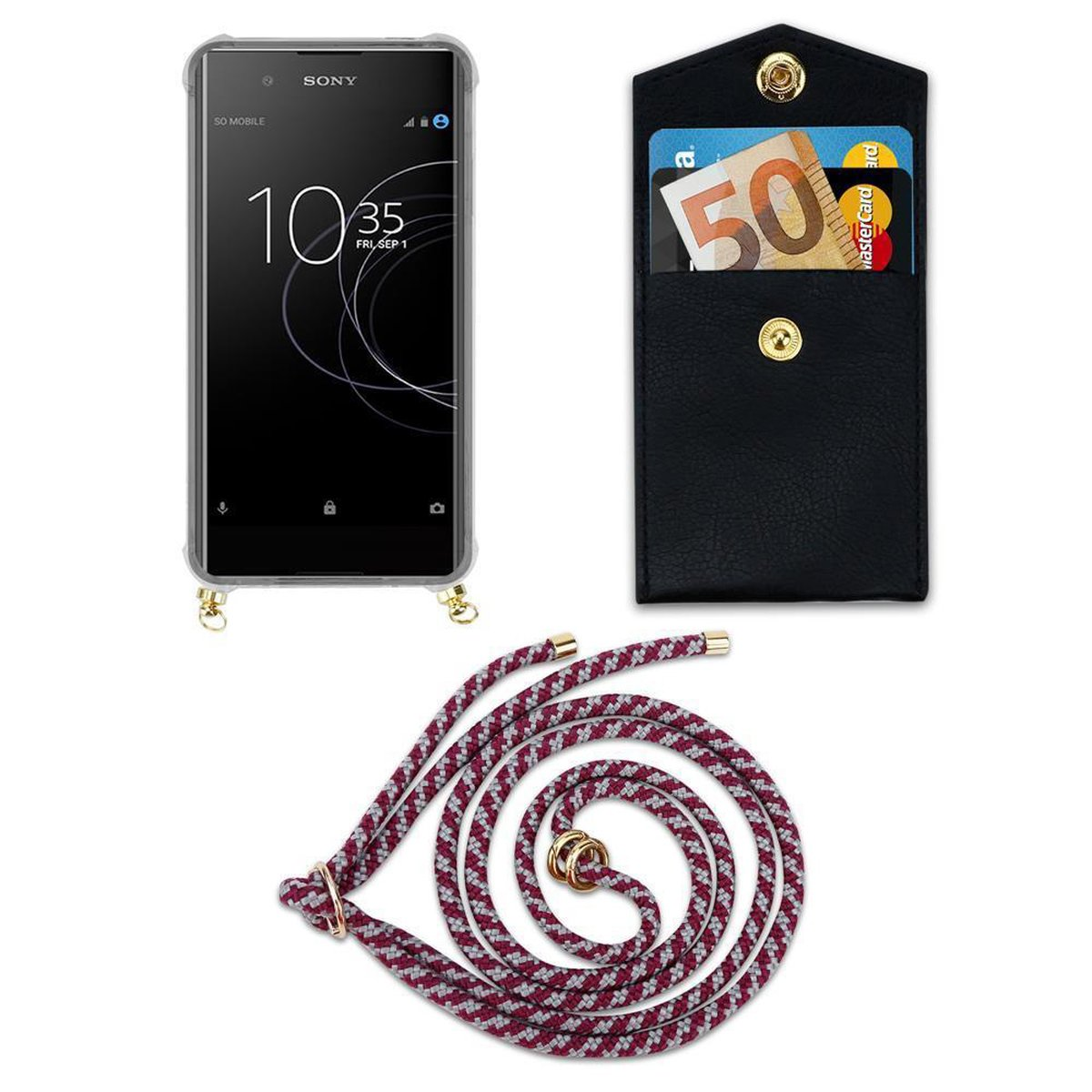 CADORABO Handy Kette mit Gold ULTRA, Hülle, XA1 Kordel abnehmbarer Band WEIß Xperia Sony, Ringen, und Backcover, ROT