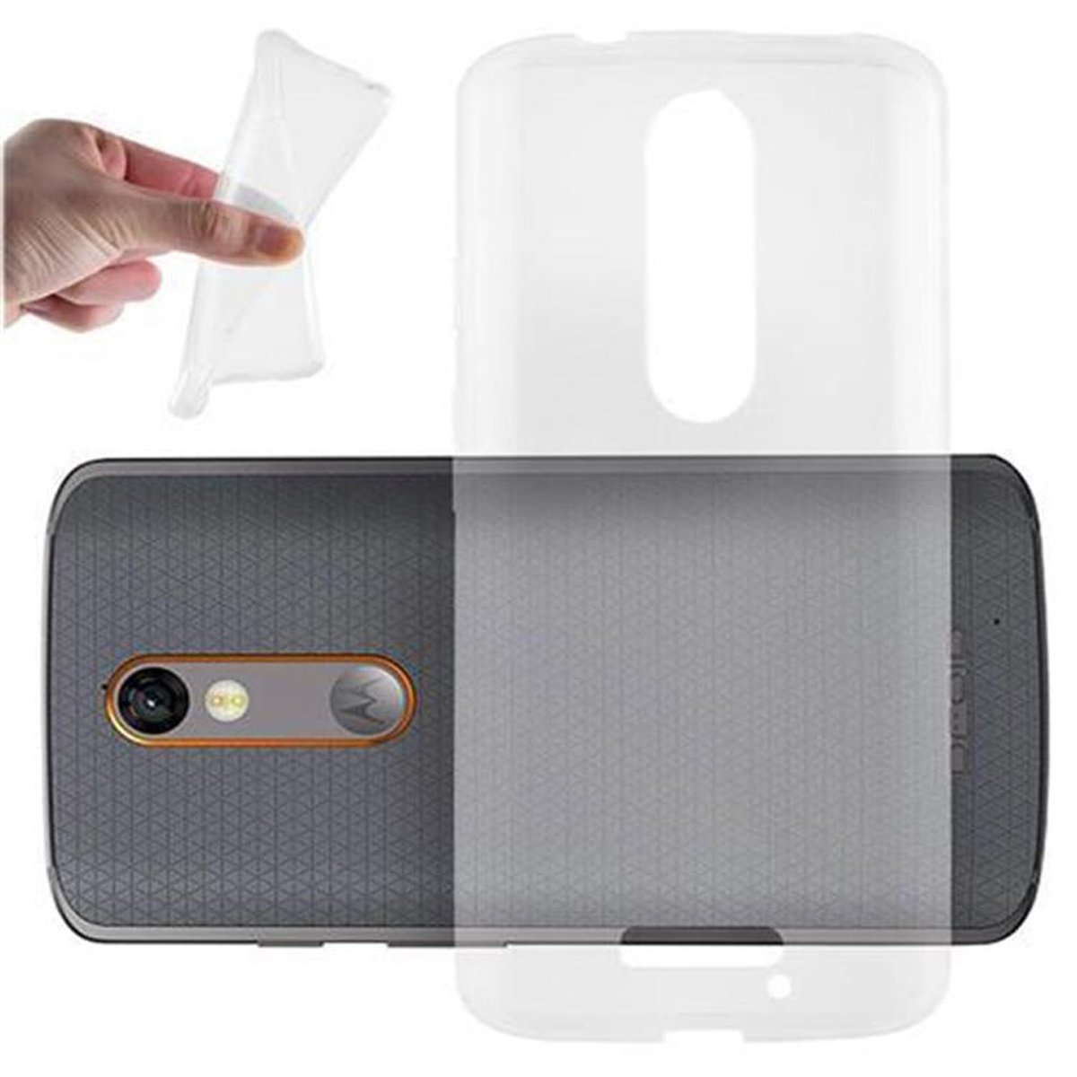 Teléfono en una funda transparente con una persona sosteniendo una funda transparente. Patrón negro y gris.