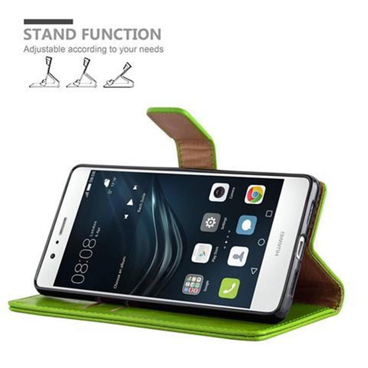 Funda verde para teléfono con teléfono dentro. En el fondo se muestra una función de soporte.