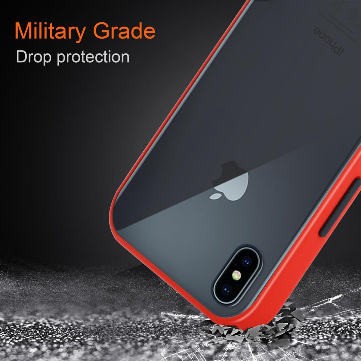 Rote und schwarze Handyhülle mit Telefon darin, auf einer Oberfläche. Text: Militärischer Fallschutz.