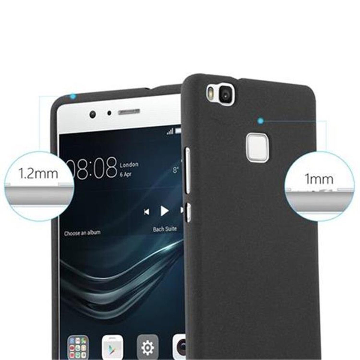 Funda de teléfono negra con un teléfono dentro. La funda es delgada y el teléfono es visible.