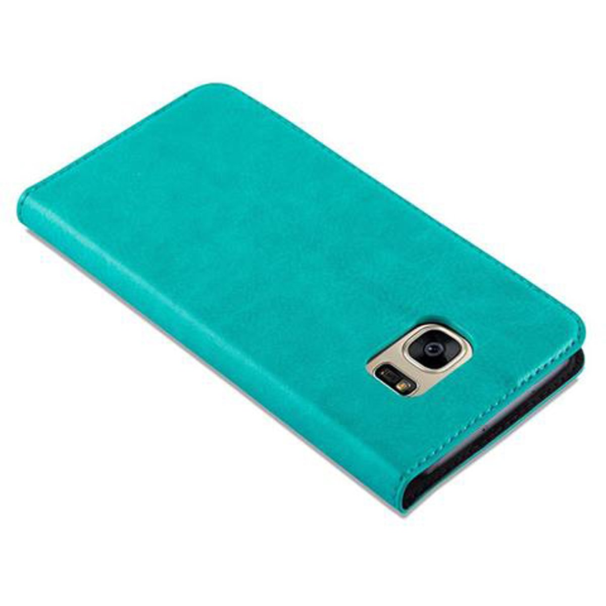 Custodia per telefono verde acqua con foro per fotocamera. Interno nero con trama in pelle. La custodia è chiusa.