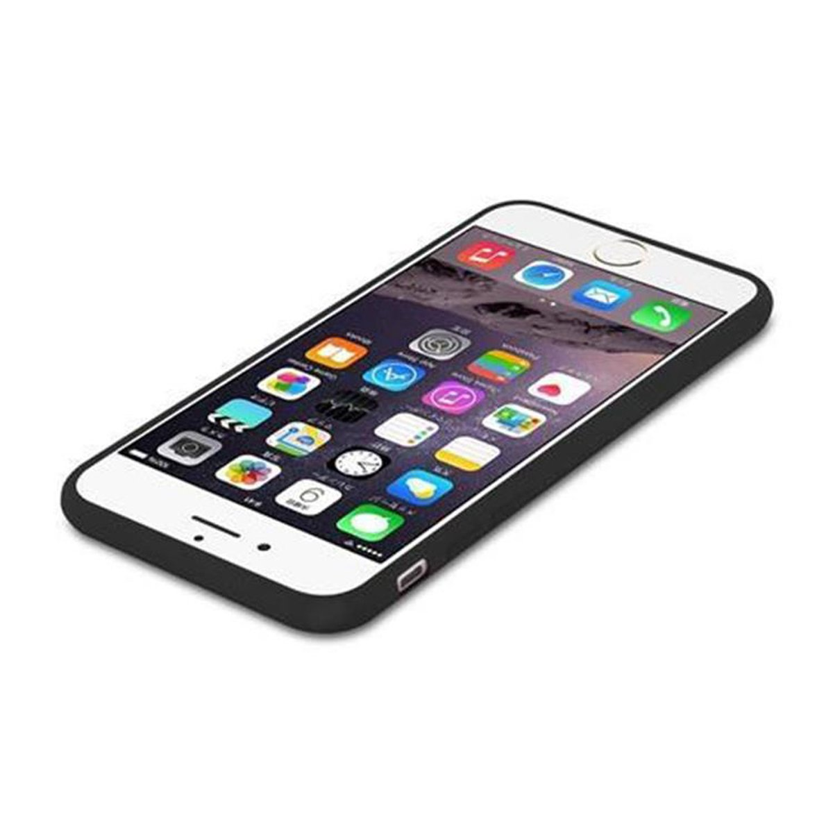 Ein schwarzes Telefon auf einer weißen Oberfläche. Der Bildschirm zeigt App-Symbole. Das Telefon hat eine schwarze Hülle.