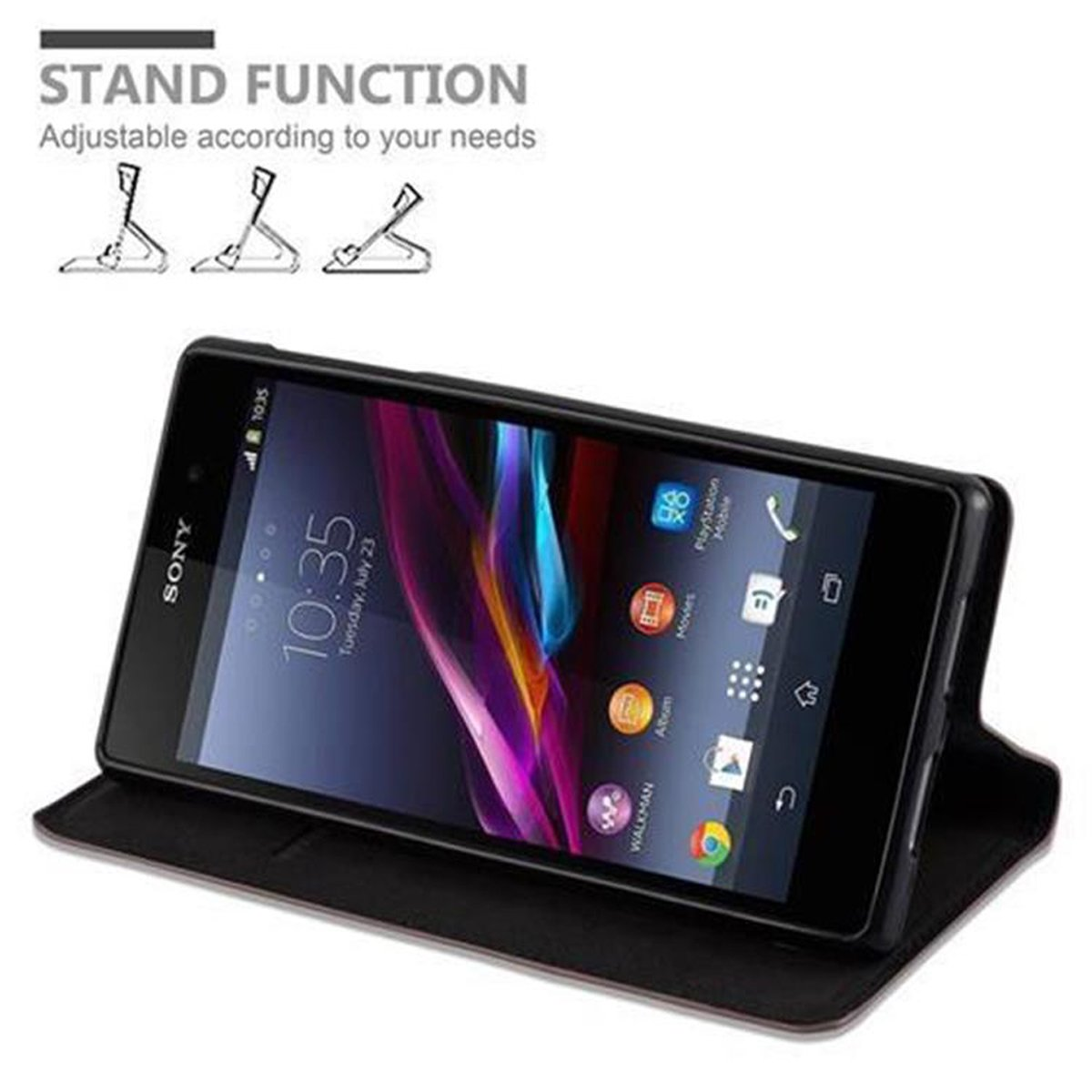 Schwarze Handyhülle mit Telefon im Querformat. Die Hülle ist geöffnet und das Telefon steht auf einem Ständer.