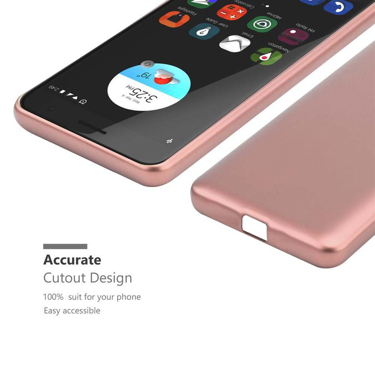 Telefono e custodia oro rosa con icone delle app visibili sullo schermo.